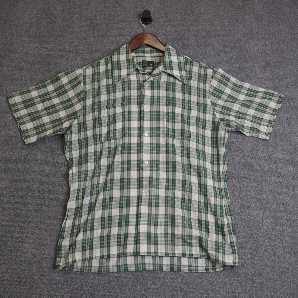 Vintage JCPenney Plaid Short Sleeve Button Up Mens Medium Green 70s Retro Camp